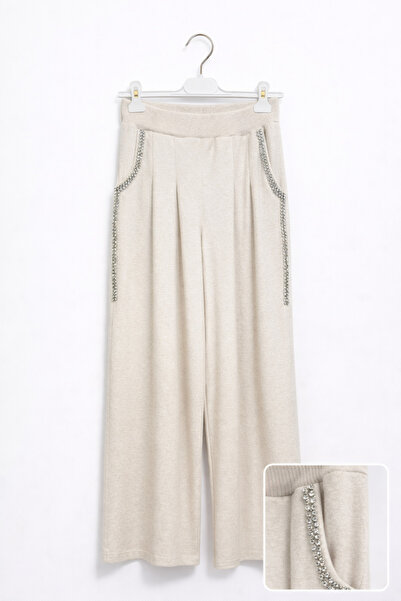 günay boutıque بنطلون تريكو واسع الساق بقصة مريحة مع تفاصيل حجرية