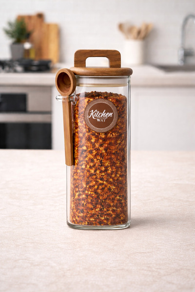 Kitchen Way Acacia Gasket Lid Borosilicate 500ml Square Jar with Spoon Kw-794