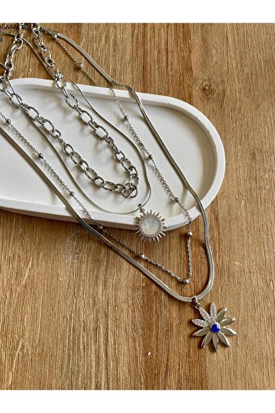 Sernura Aksesuar Gümüş Çoklu Çelik Kolye Seti