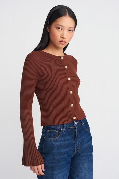 TENA Women's Brown Crew Neck Spanish Sleeve Gold Button Cardigan