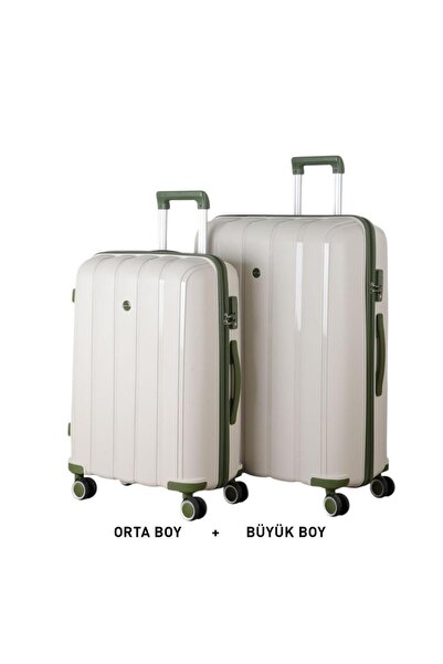 MÇS Bavul Büyük ve Orta 2li Set Kırılmaz Silikon Valiz V305 Kemik/Haki