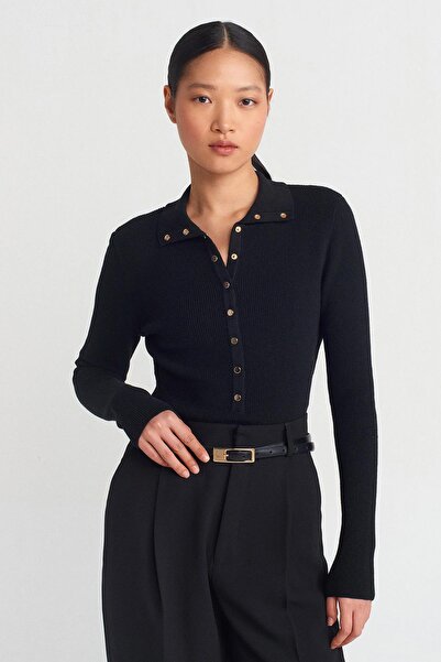 TENA Women's Black Mock Neck Pack Gold Snap Detailed Knitwear Sweater