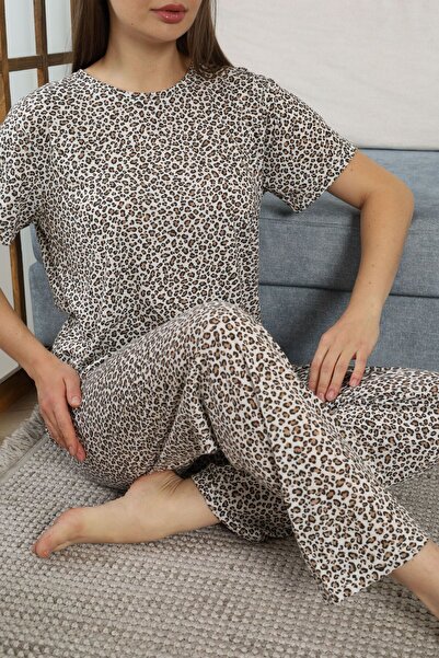 PİJAMOOD KADIN LEOPAR DESEN BİSİKLET YAKA KISA KOLLU PAMUKLU PİJAMA TAKIMI
