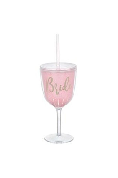 OEM Pink Plastic Wine Glass with Straw Gold Foil "Bride" - 400 ml