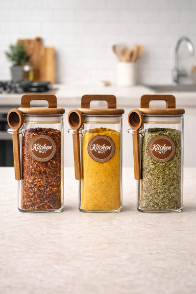 Kitchen Way Acacia Gasket Lid and Spoon 3-Piece Borosilicate 300ml Square Jar...