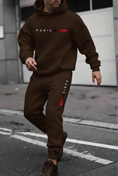 NO 601 Men's Brown Red Paris Printed Hooded Brown Sweatpants Set