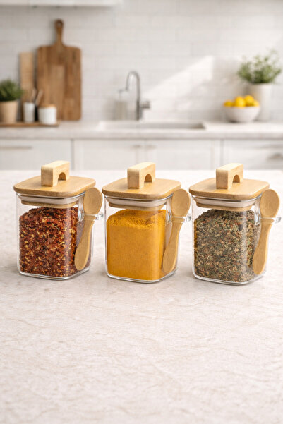Kitchen Way Acacia Gasket Lid and Spoon 3-Piece Borosilicate 300ml Square Jar...