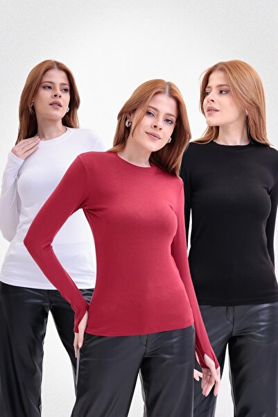 Yade Fashion Parmak Detaylı Bisiklet Yaka Body 3'lü Set