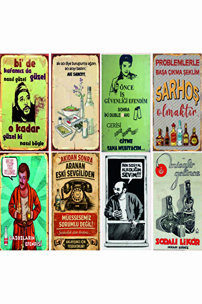 kids town 8li Duvar Yazıları Retro Ahşap Poster 10x20 Set