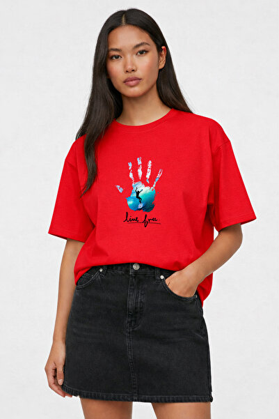 LORVEX T-Shirt Oversized Unisex Li̇ve Free B Printed 100% Cotton