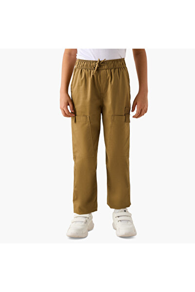 Juniors Solid Cargo Pants with Elasticated Drawstring and Pockets