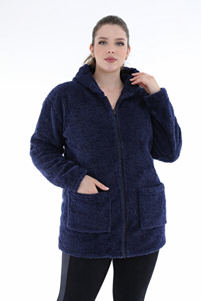 KSV Collection Women's Navy Blue Zippered Plush Wellsoft Plus Size Cardigan