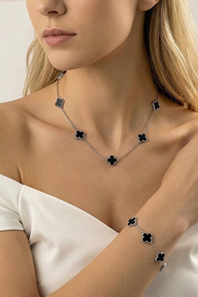 Rays طقم سوار وقلادة على شكل نبات البرسيم الأسود فضي 0133