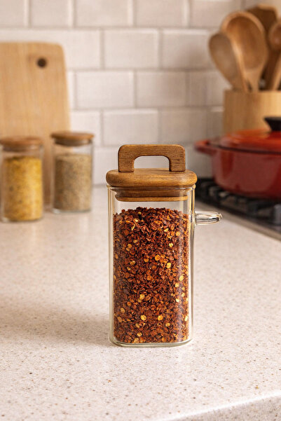 Kitchen Way Acacia Gasket Lid Borosilicate 450ml Square Jar with Spoon Kw-793