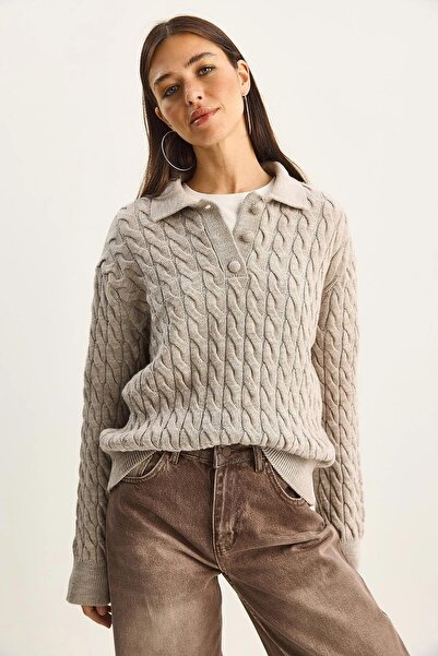 TENA Women's Mink Mock Neck Hair Braided Buttoned Sweater