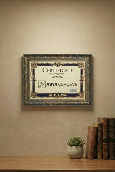 Asya Çerçeve Dekoratif Lüks Antik 21x30 (A4) İşlemeli Gold Lacivert Plastik F...