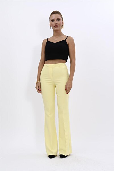 ÖNDER ÖZSOY بنطلون نسائي مريح واسع الأرجل بخصر مطاطي - أصفر