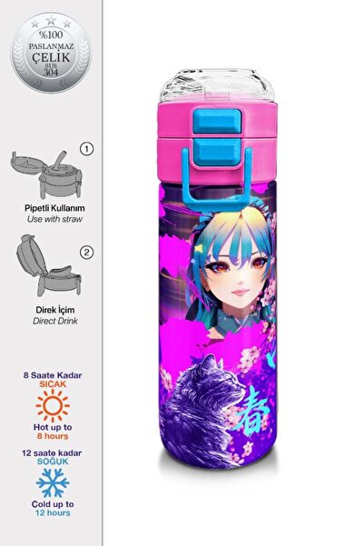 Coral High KidsMor Pembe Anime Kedi Desenli Pipetli ve Direkt İçim Çelik Term...