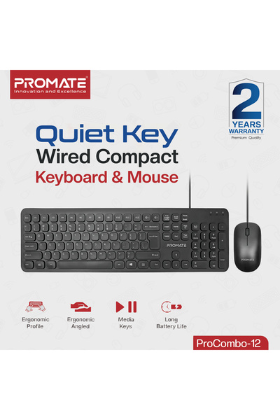 Promate Wired Keyboard and Mouse Combo Quiet Low Profile Compact Design USB P...