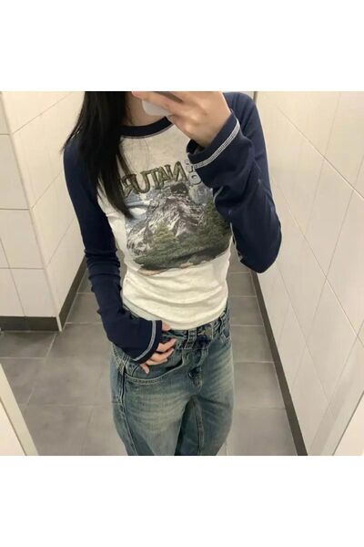 ARS Butik Navy Blue Gray Back to Nature Forest Long Sleeve Bodysuit