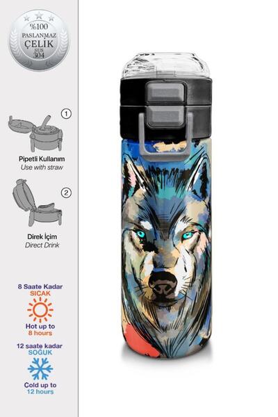 Coral High Kids Gray Black Wolf Patterned Steel Thermos with Straw and Direct...
