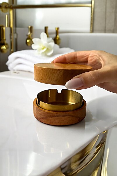 GİSVOL Kapaklı Doğal Ahşap Küllük Ev, Ofis ve Kafe İçin Paslanmaz Metal Hazne...