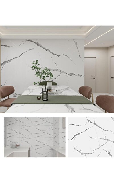 Renkli Duvarlar 120cm x 3 Metre Rulo Premium Beyaz Mermer Desenli Yapışkanlı Duvar Paneli Kağıdı Ev Ofis BASIC