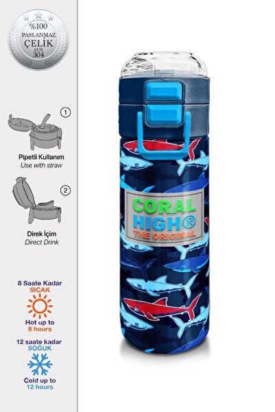 Coral High ترمس ستيل منقوش على شكل قرش باللون الأزرق الداكن مع شفاطة للشرب ال...