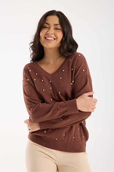 Moda Days Stone Detailed V-Neck Knitwear Blouse