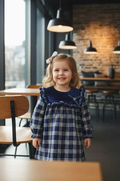 VİYOLİNA KADİFE YAKA DETAYLI EKOSE DESENLİ ELBİSE