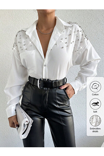 BORCKA TEKSTİL White Cotton Stone Decorated Oversized Women's Shirt