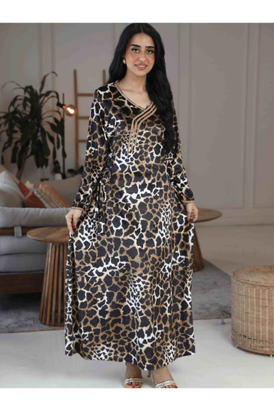 Nice Model Leopard Print Velvet Maxi Dress Long Sleeve V-Neck Tie Waist Eveni...