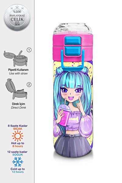 Coral High Kids Mor Pembe Anime Kız Desenli Pipetli ve Direkt İçim Çelik Term...