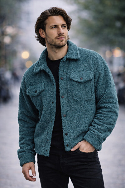 Polo State Men's Plush Pocket Detailed Snap Closure Sherpa Jacket Petrol