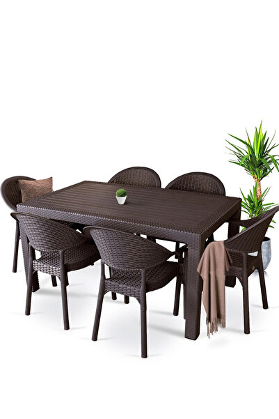 NOBLE DESİNG Bambu Pro 90x150cm Rattan Bahçe Balkon Masa Takımı 6 Kişilik Cam...