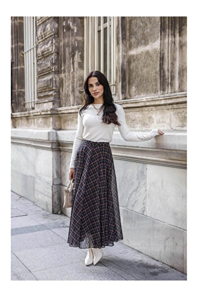 Elif Özbey Butik Lacivert Ekose Detaylı Şifon Etek