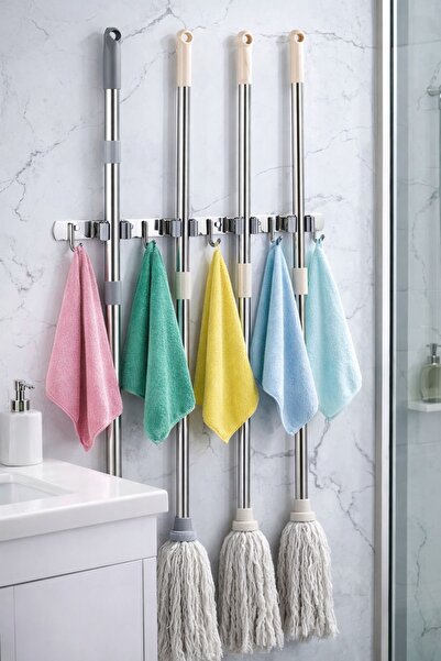 belivano 5 Kancalı 4 Mop Tutucu Paspas ve Süpürge Tutucu Askılık | 304 Paslan...