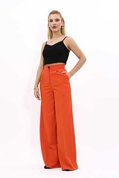 ÖNDER ÖZSOY High Waist Pocketed Palazzo Women's Trousers-Orange