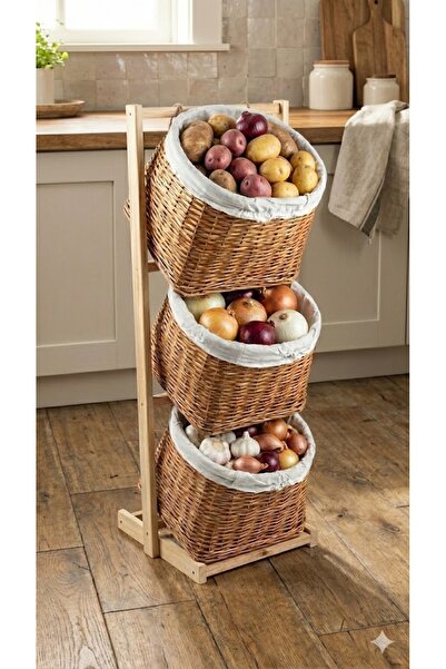 SepetçiBaba Alessi - 3 Katlı Hasır Sebzelik Meyvelik Krem - S130