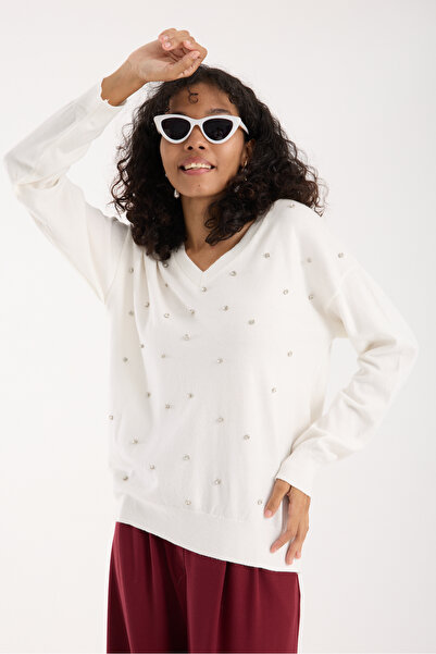 Moda Days Stone Detailed V-Neck Knitwear Blouse