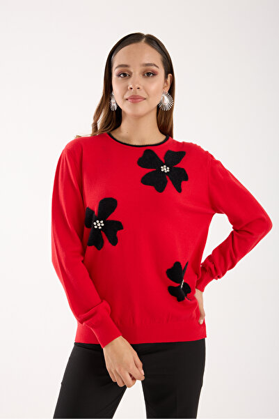 Moda Days Stone Detailed Floral Appliqued Contrast Piped Crew Neck Knitwear B...