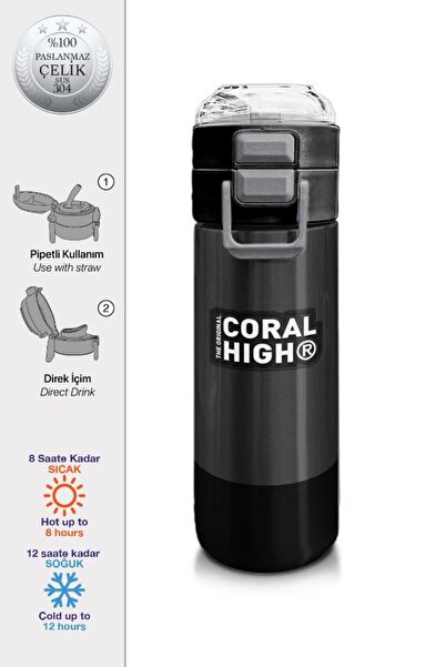 Coral High Kids Koyu Gri Siyah Desenli Pipetli ve Direkt İçim Çelik Termos 50...