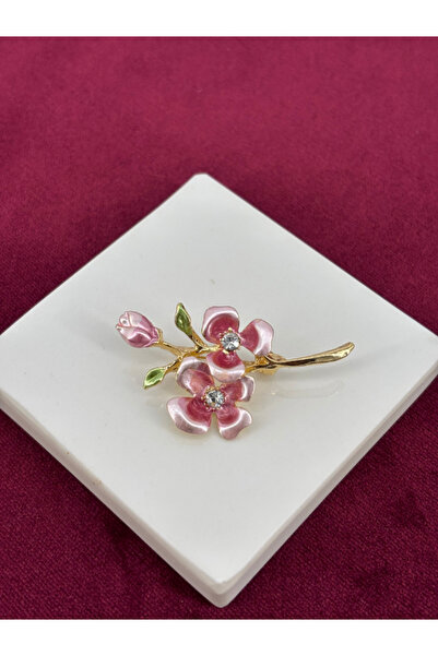 Calista Aksesuar Pembe ve Yeşil Yapraklı Taşlı Çiçekli Gold Broş