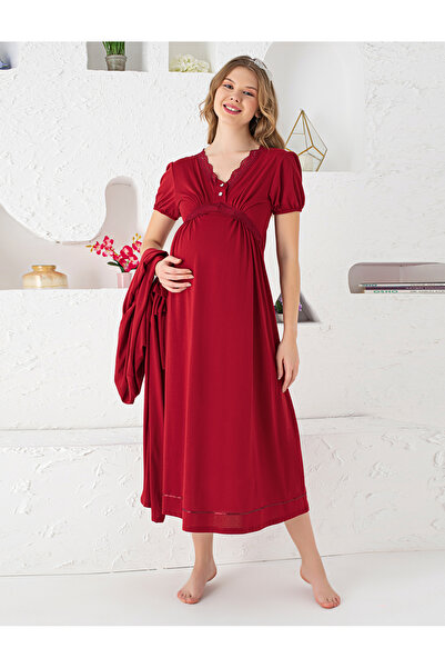 JENİKA Бордовий комплект піжами для вагітних та породіль з 3 предметами, з ме...