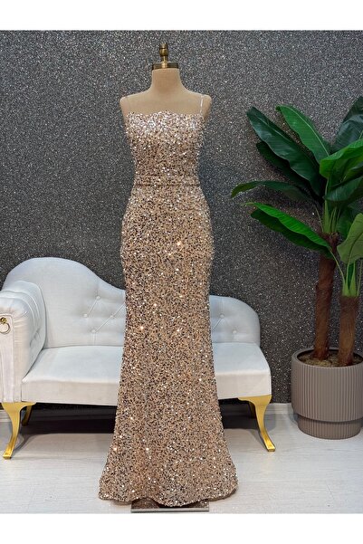 E&A Eren Abiye GOLD PUL PAYET STRAPLEZ BALIK ELBISE