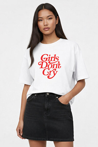 LORVEX Oversized Women's T-Shirt Gi̇rls Dont Cry Red B Printed 100% Cotton