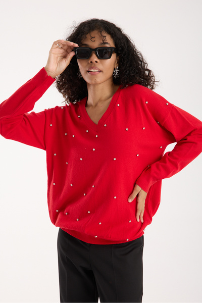 Moda Days Stone Detailed V-Neck Knitwear Blouse