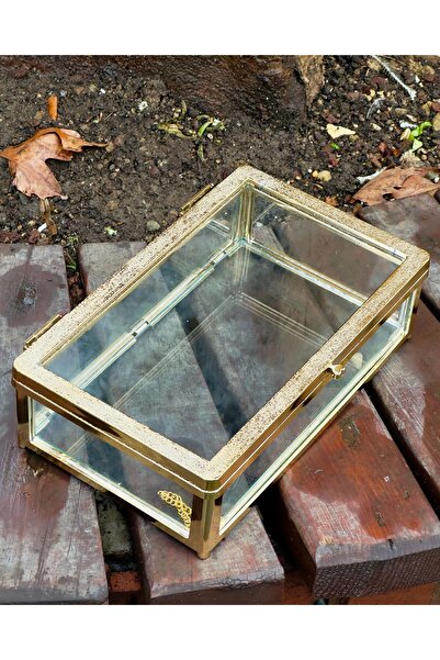 Cyz Home Gold Çerçeveli Cam Sunumluk Kapaklı Sandık, Çikolata Şeker Ve Takı Kutusu 25x15cm