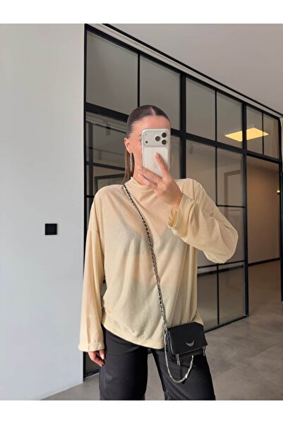 BB Bensu Buyruk Stand-Up Collar Transparent Oversize Tie-Dye Bluse Beige