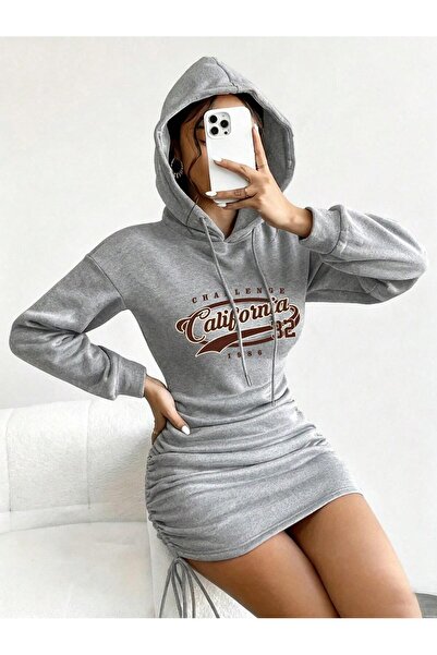 Afri California Printed Gray Side Gathered Hooded Mini Sweatshirt Dress